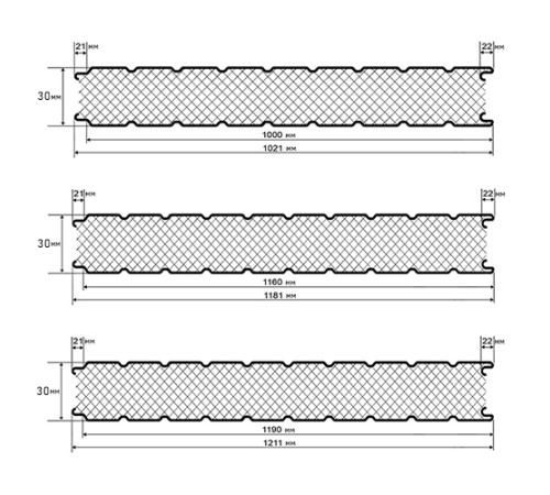 Стеновые алюминиевые сэндвич панели с пенополиуретаном, ширина 1200 мм, толщина 30 мм, 0.5/0.5