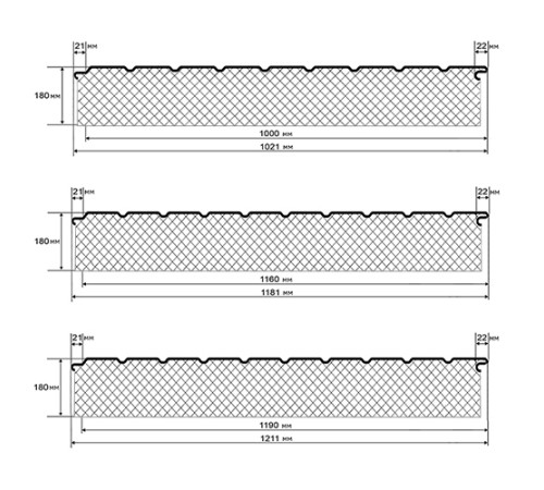 Сэндвич-панели двухслойные с минеральной ватой, ширина 1000 мм, толщина 180 мм, 0.5, RAL7004